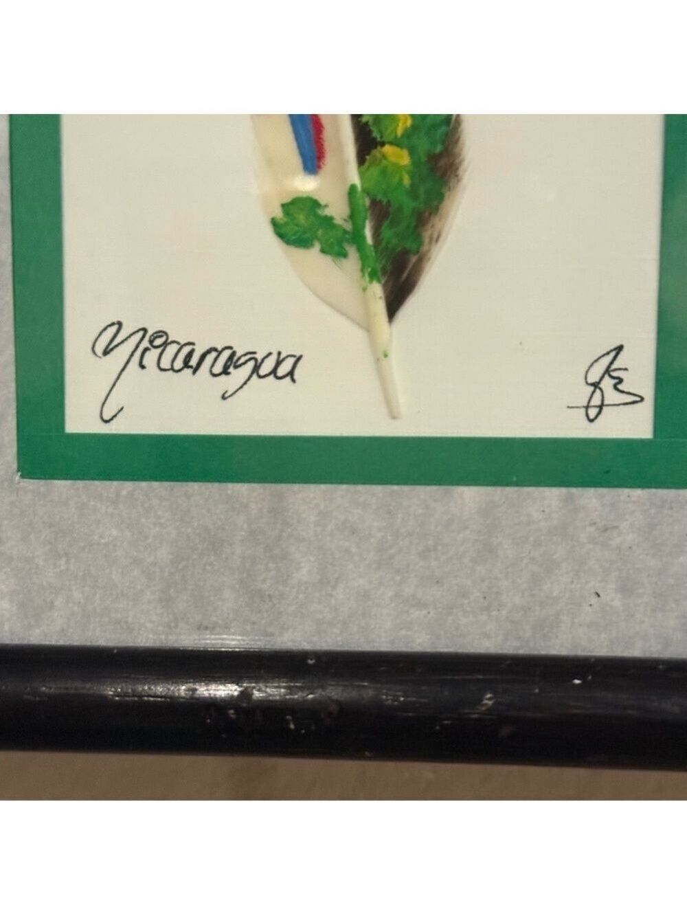 Parrots Art Painting on Feather Artwork Framed Nicaragua Blue Green Colorful Art - Picture 9 of 12